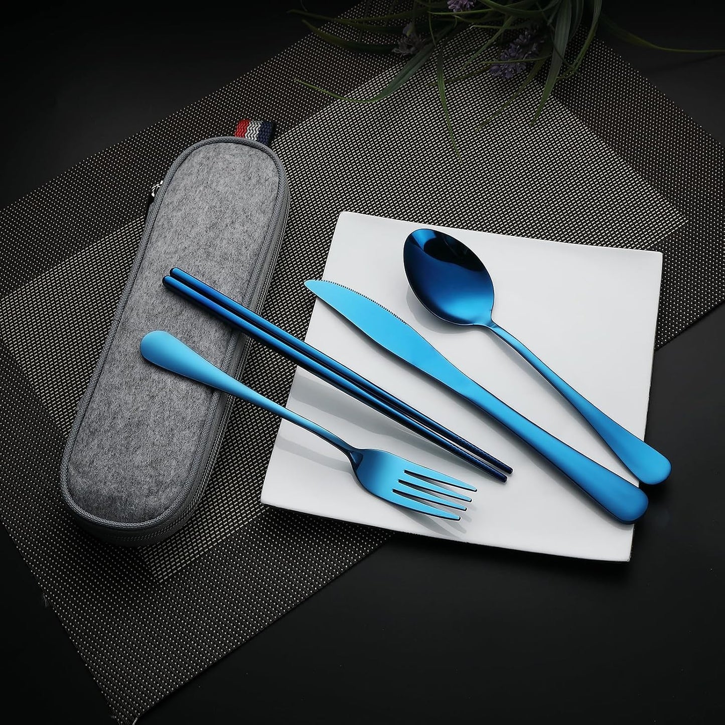 DEVICO Camping Utensils, Full-Size Reusable Silverware for Lunch Adult, Stainless Steel Travel Cutlery Set with Case, Portable Fork Spoon Knife Set for Work, Flatware with Chopsticks (Rainbow)