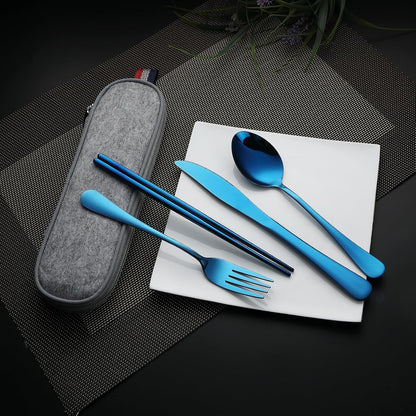DEVICO Camping Utensils, Full-Size Reusable Silverware for Lunch Adult, Stainless Steel Travel Cutlery Set with Case, Portable Fork Spoon Knife Set for Work, Flatware with Chopsticks (Rainbow)