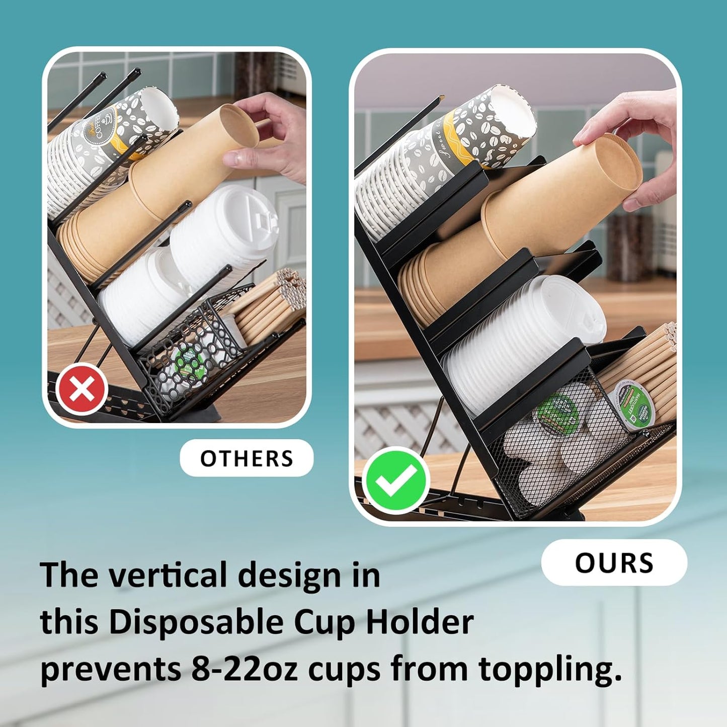 Coffee Cup Holder Organizer 4 Compartment Disposable Cup Dispenser, Cup and Lid Holder with Mesh Basket for Countertop Coffee Station Bar, Black