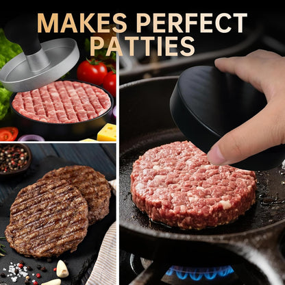 Burger Press Patty Maker Stainless Steel Hamburger Patty Press Mold Wood Handle Non-Stick with 100 Patty Papers,BBQs, and Cooking – Perfect for Flattening Patties and Searing Juicy Burgers