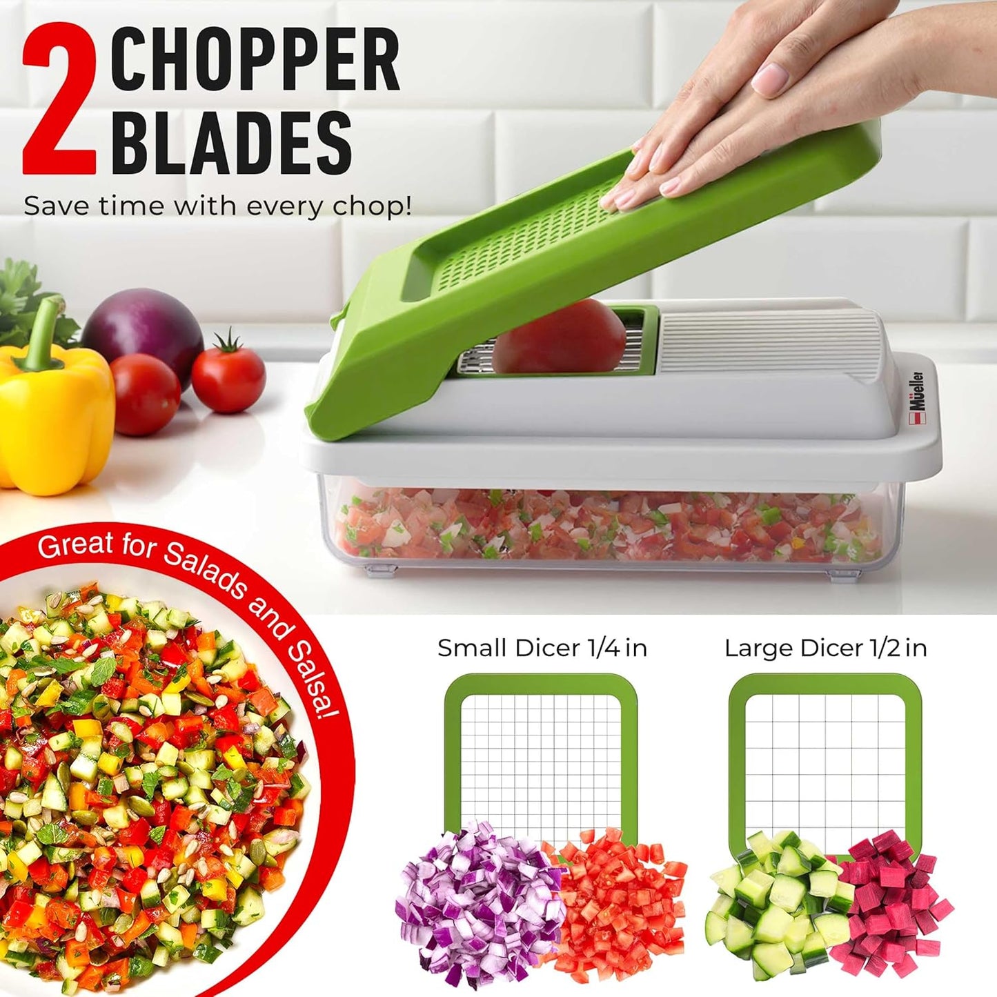 Mueller Vegetable Chopper Mandoline Slicer, Food Veggie Chopper, Cheese Grater, Onion Vegetable Cutter with Container, Dicer, Kitchen Gadgets & Essentials, White Sand/Grey