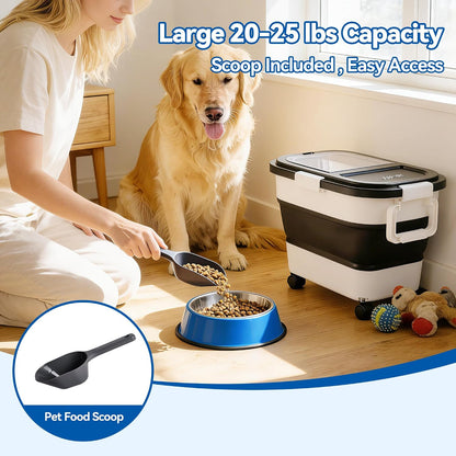 Dog Food Storage Container 20-25lbs, Airtight Pet Food Bin with Locking Lid & Clear Window, Collapsible Rolling Storage Container with Wheels and Scoop, Black