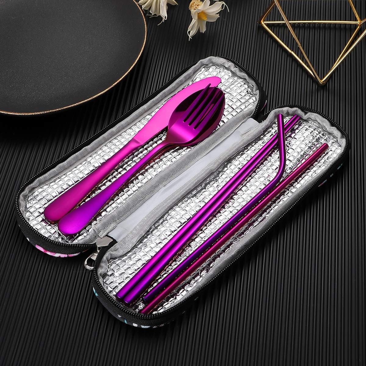 Travel Utensils,Reusable Silverware Set To Go Portable Cutlery Set with a Waterproof Carrying Case for Lunch Boxes Workplace Camping Picnic (Purple)