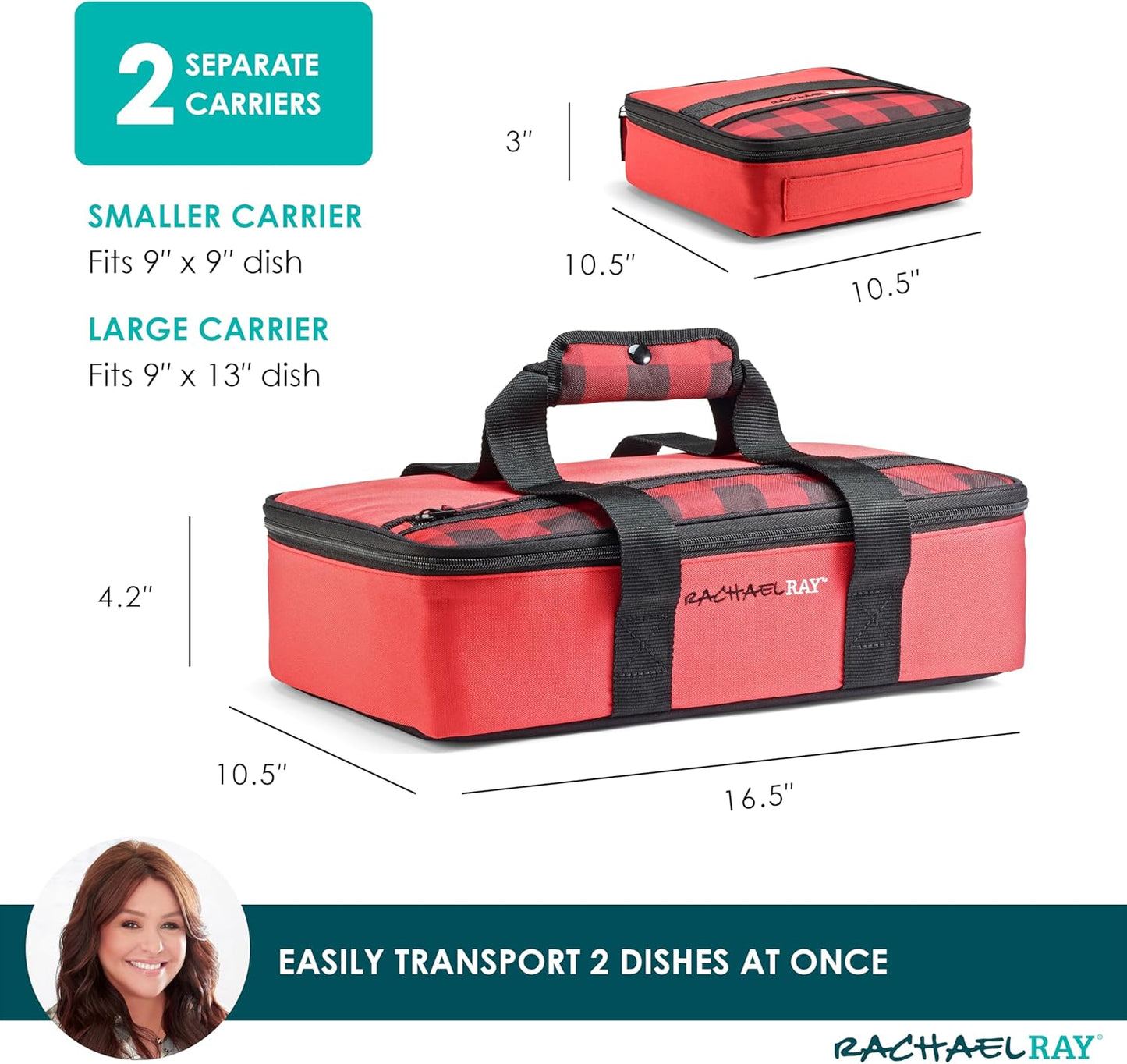 Rachael Ray Lugger Duo, Insulated Casserole Carrier for Hot or Cold Food, Thermal Lasanga Lugger Tote for Pockluck, Parties, Picnic, and Cookouts, Fits 9" x 13" Baking Dish, Sea Salt Grey