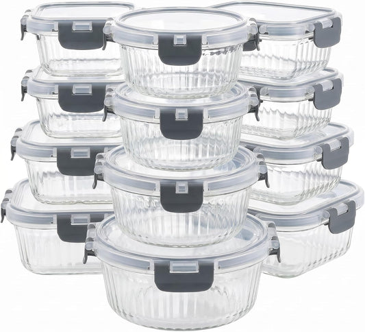 Glass Food Storage Containers with Lids, 12 Piece Glass Meal Prep Containers Set, Airtight Leakproof Snap Lock Lids, BPA-Free, Freezer Microwave Oven Dishwasher Safe, Ribbed Glass Containers
