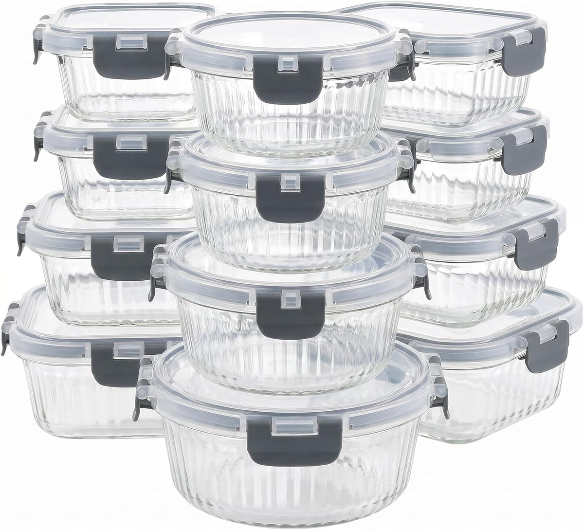 Glass Food Storage Containers with Lids, 12 Piece Glass Meal Prep Containers Set, Airtight Leakproof Snap Lock Lids, BPA-Free, Freezer Microwave Oven Dishwasher Safe, Ribbed Glass Containers