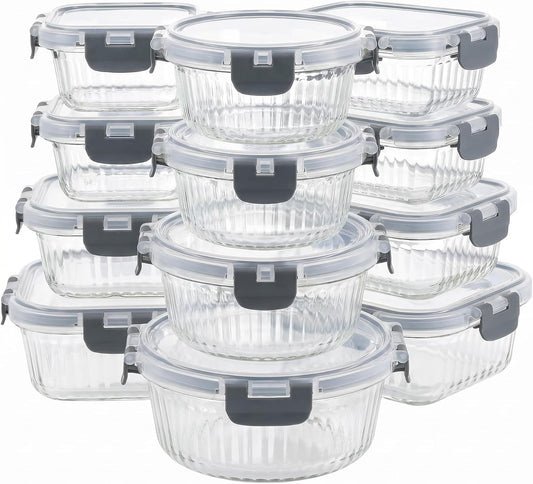 Glass Food Storage Containers with Lids, 12 Piece Glass Meal Prep Containers Set, Airtight Leakproof Snap Lock Lids, BPA-Free, Freezer Microwave Oven Dishwasher Safe, Ribbed Glass Containers