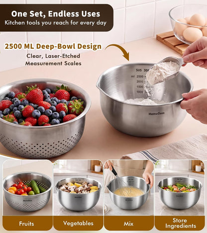 304 Stainless Steel Fine Mesh Colander Set, 1QT Large Capacity Strainer with Mixing Bowl, Rust Resistant Metal Strainer Bowl for Rinse Fruits, Veggies, Rice & Drain Pasta, Cooking, Dishwasher Safe