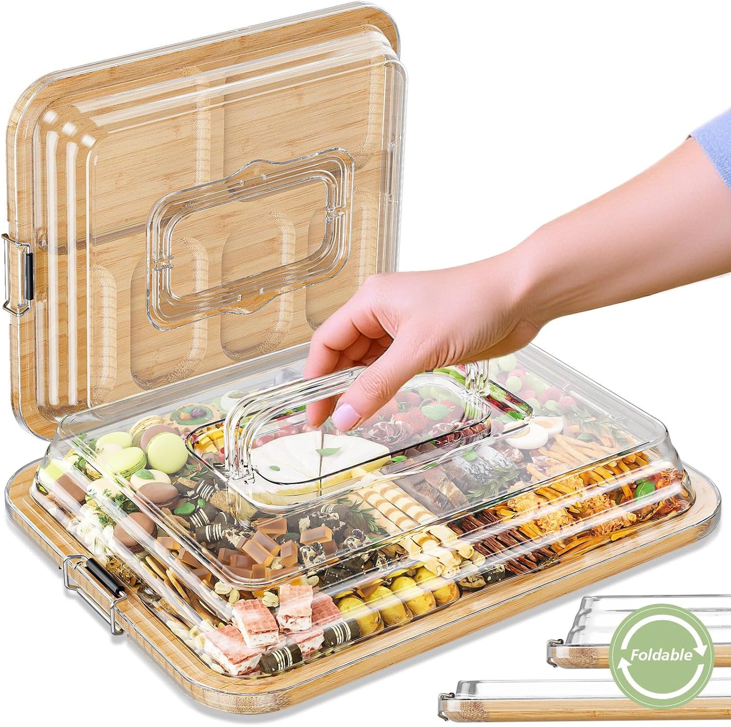 Charcuterie Boards with Foldable Lid, Portable Bamboo Cheese Board with Single Compartments, Clear Locking Lid and Handle, Easy to Store, Suitable for Picnics, Camping, Parties