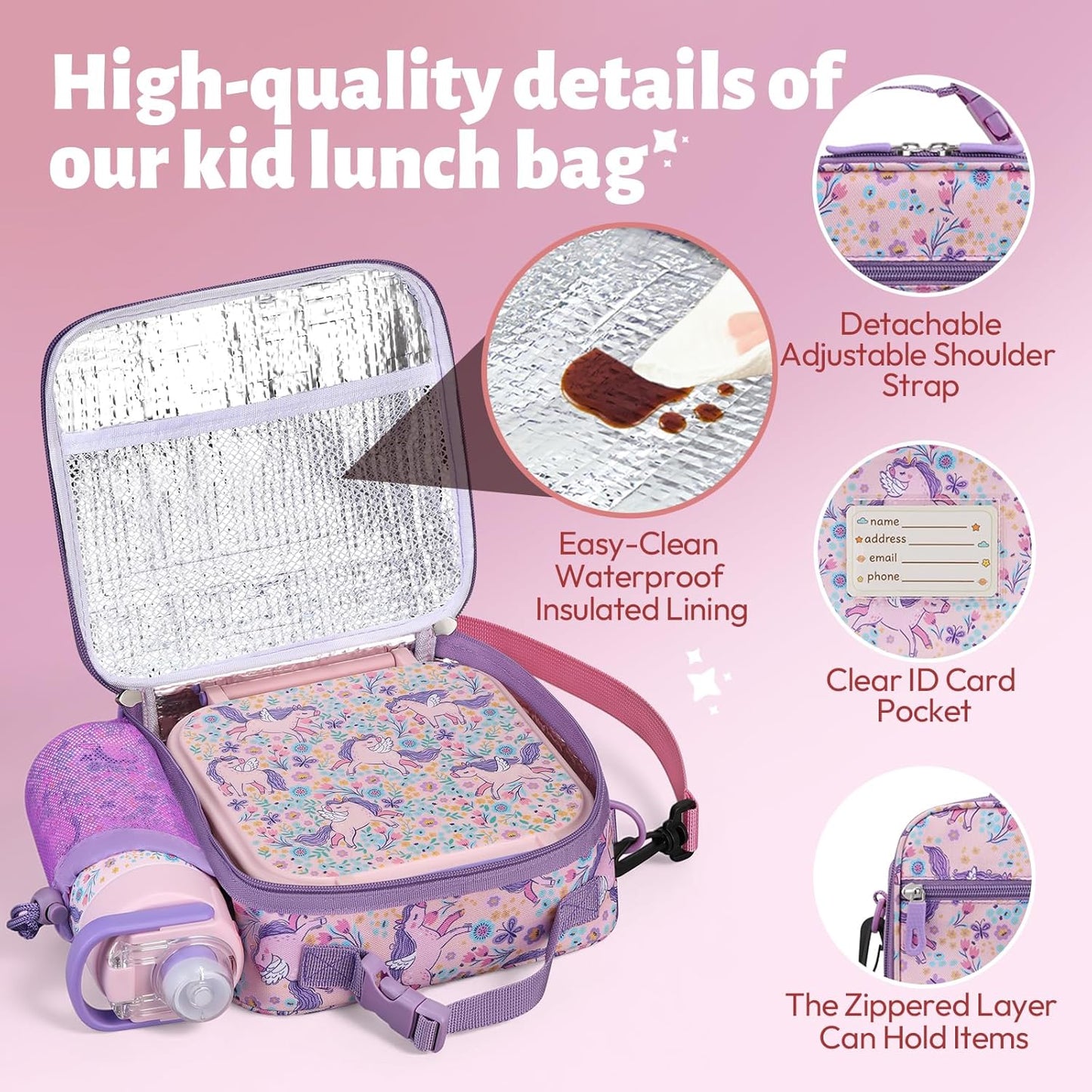 Itslife Bento Box for Kids Set, Insulated Food Container,Kids Lunch Box, 7 oz Thermos for Hot Food, 12 oz Thermos Water Bottle, Reusable Insulated Ice Bag & Fork Spoon Utensils Camping Travel Pink