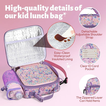 Itslife Bento Box for Kids Set, Insulated Food Container,Kids Lunch Box, 7 oz Thermos for Hot Food, 12 oz Thermos Water Bottle, Reusable Insulated Ice Bag & Fork Spoon Utensils Camping Travel Pink