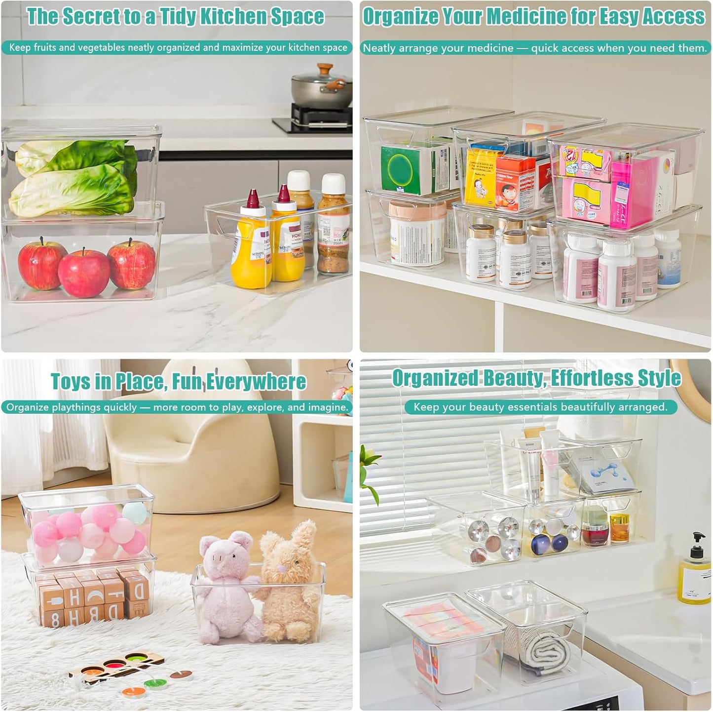 6 Pack Small Clear Storage Bins with Lids, Acrylic Arts and Craft Storage Containers, Stackable Clear Plastic Craft Storage Bins with Handles for Pantry Organizers and Storage, Kitchen, Fridge, Office