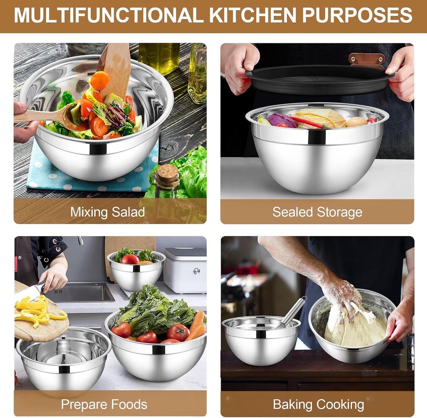 LIANYU Stainless Steel Mixing Bowls Sets of 6, Large 7, 3.5, 2.5, 2, 1.5, 1QT Size with Transparent Airtight Lids, Metal Nesting Serving Bowl Sets for Home Kitchen, Dishwasher & Freezer Safe, Black