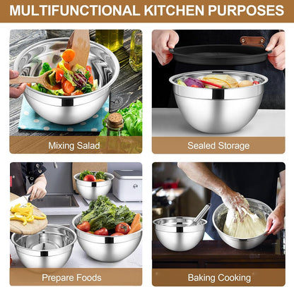 LIANYU Stainless Steel Mixing Bowls Sets of 6, Large 7, 3.5, 2.5, 2, 1.5, 1QT Size with Transparent Airtight Lids, Metal Nesting Serving Bowl Sets for Home Kitchen, Dishwasher & Freezer Safe, Black