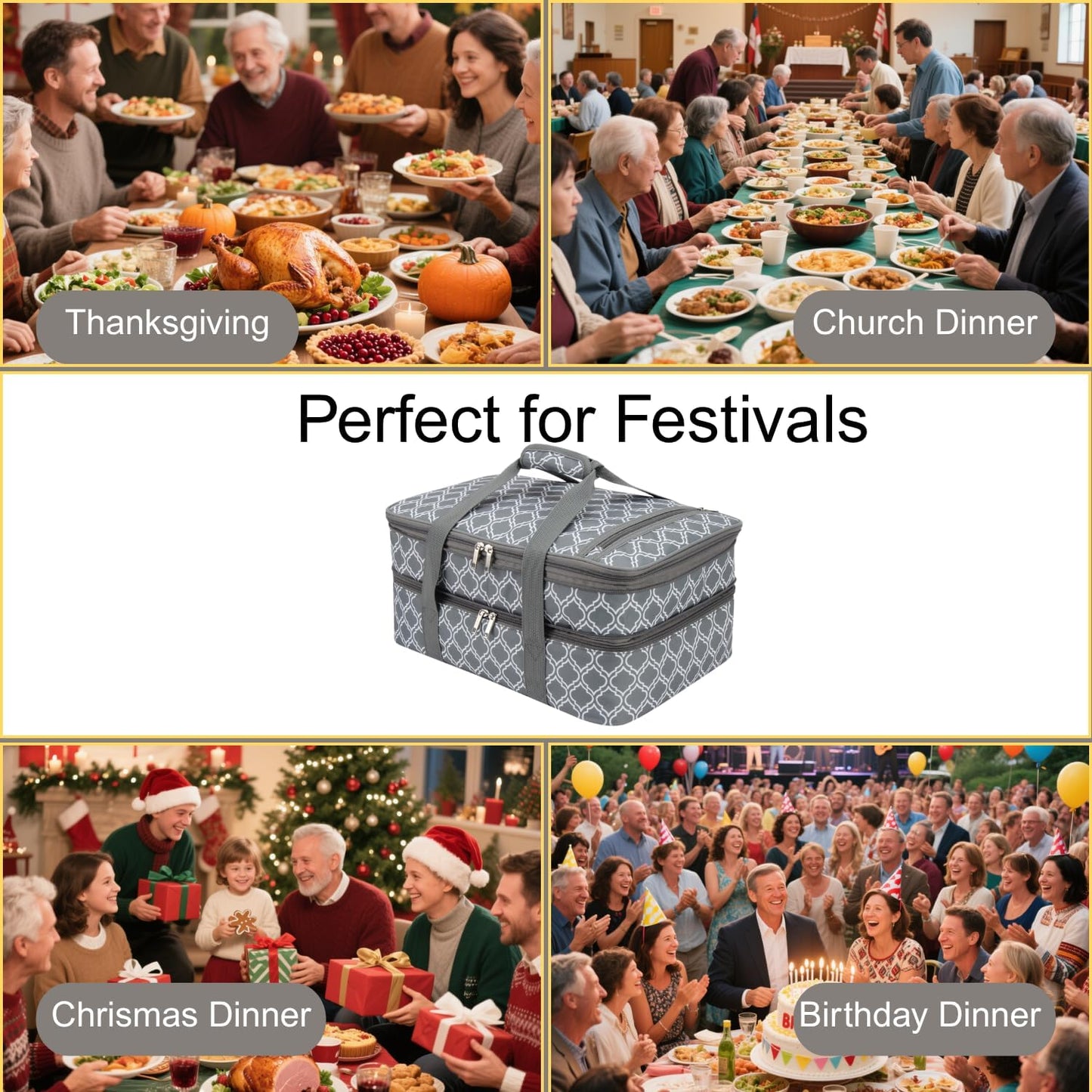 Lestyn Insulated Casserole Carrier Bag - Portable Reusable Food Transport Tote Bag Fits 9x13 Lasagna Baking Dish Pan to Keep Food Hot/Cold for Gathering/Potluck Parties/Cookout/Camping/Offices-Gray