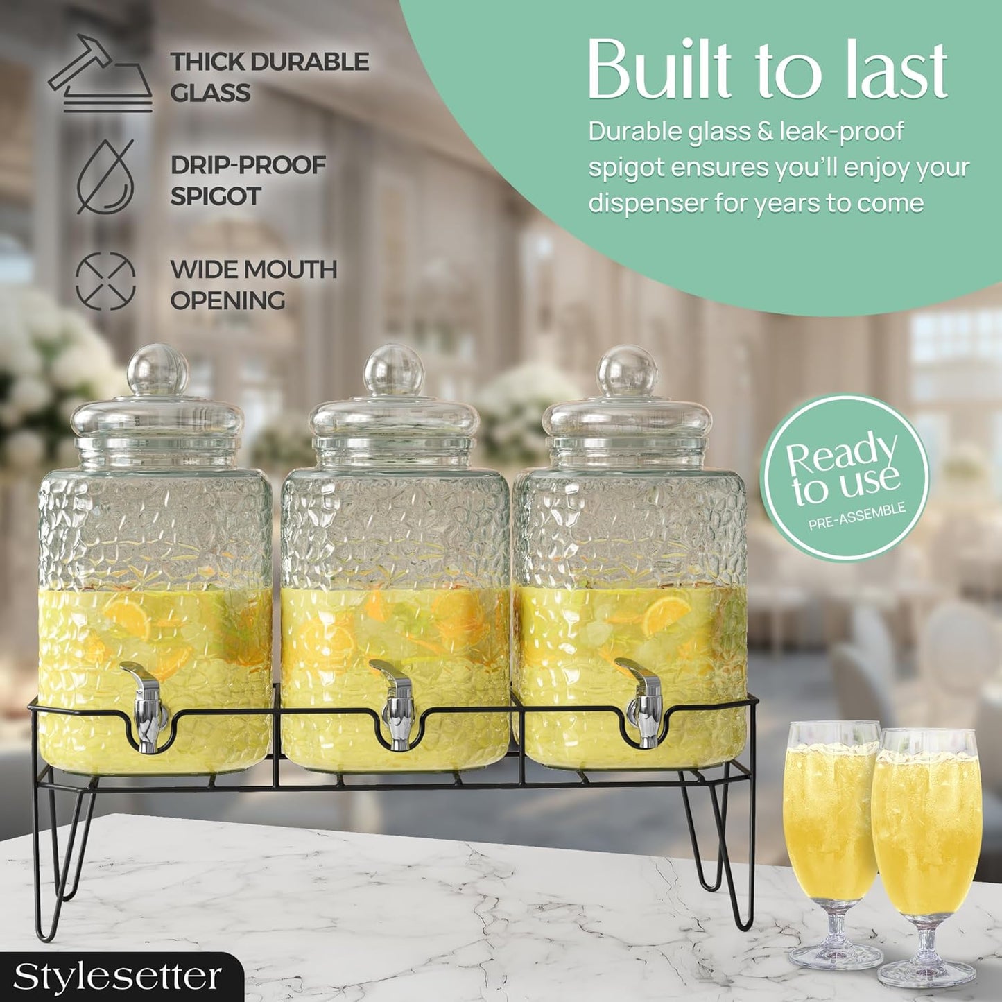 Style Setter Premium Glass Drink Beverage Dispensers - 1.5 Gal, Set of 3 | Dispenser Set with Metal Stand for Parties Cold Drinks, Lemonade, Cocktails, Juice – Party Glass Drink Dispenser Station