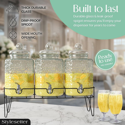 Style Setter Premium Glass Drink Beverage Dispensers - 1.5 Gal, Set of 3 | Dispenser Set with Metal Stand for Parties Cold Drinks, Lemonade, Cocktails, Juice – Party Glass Drink Dispenser Station