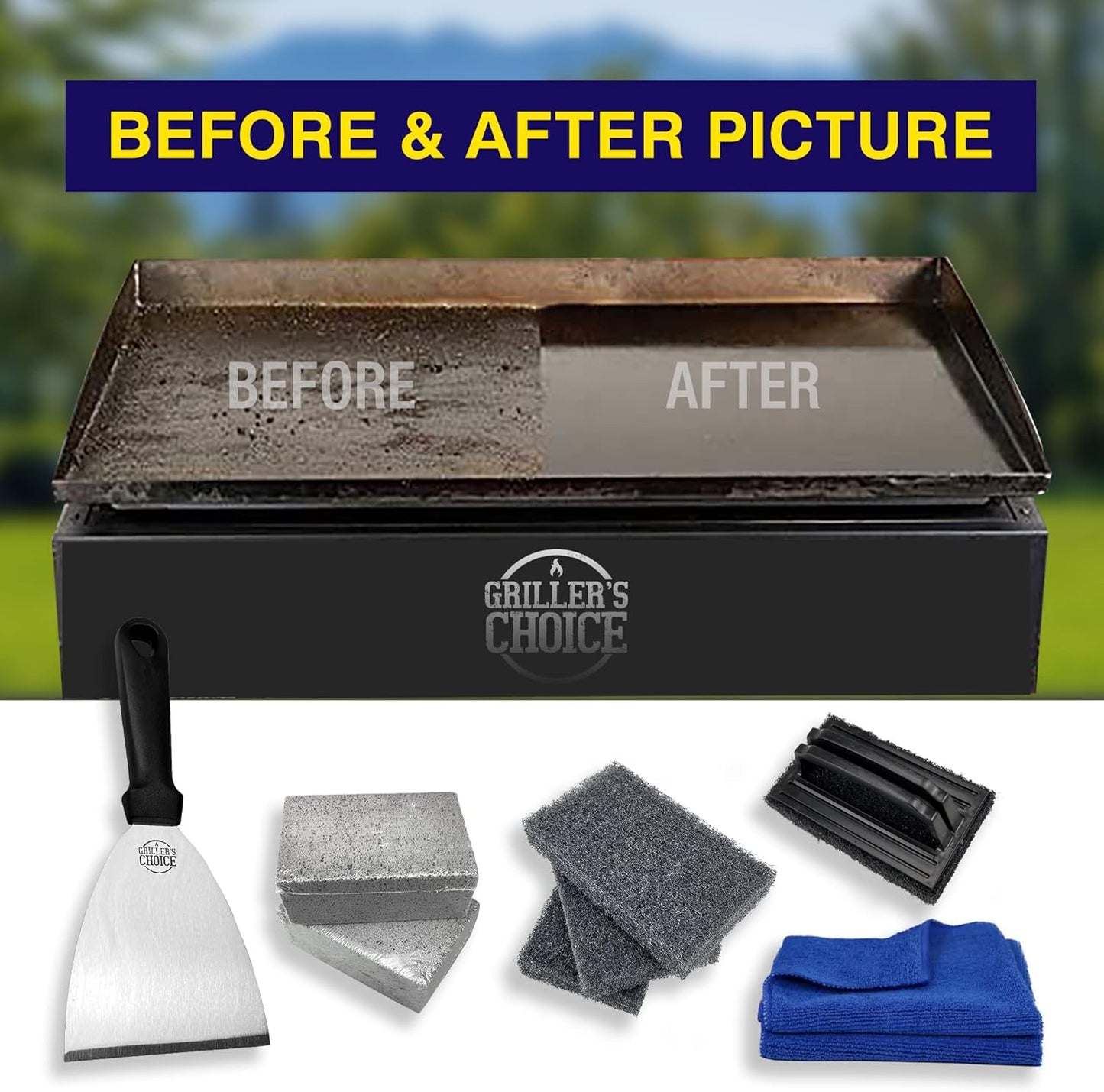 Grillers Choice Griddle Cleaning Kit, Flat Top Grill Set-Cleaning Blocks, Scouring Pads, Cleaning Brush, Scraper. All in One Grill Cleaning Kit (CleaningKitNEW)