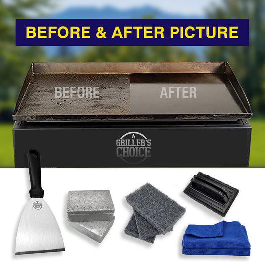 Grillers Choice Griddle Cleaning Kit, Flat Top Grill Set-Cleaning Blocks, Scouring Pads, Cleaning Brush, Scraper. All in One Grill Cleaning Kit (CleaningKitNEW)
