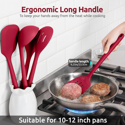 600ºF Heat Resistant Kitchen Utensil: U-Taste 13.6" Extra Long Silicone Cooking Tools Set, Food-Grade Non-Stick Solid and Slotted Turner Spatula, Mixing Spoon, and Soup Ladle (5 Pieces, Aqua Sky)