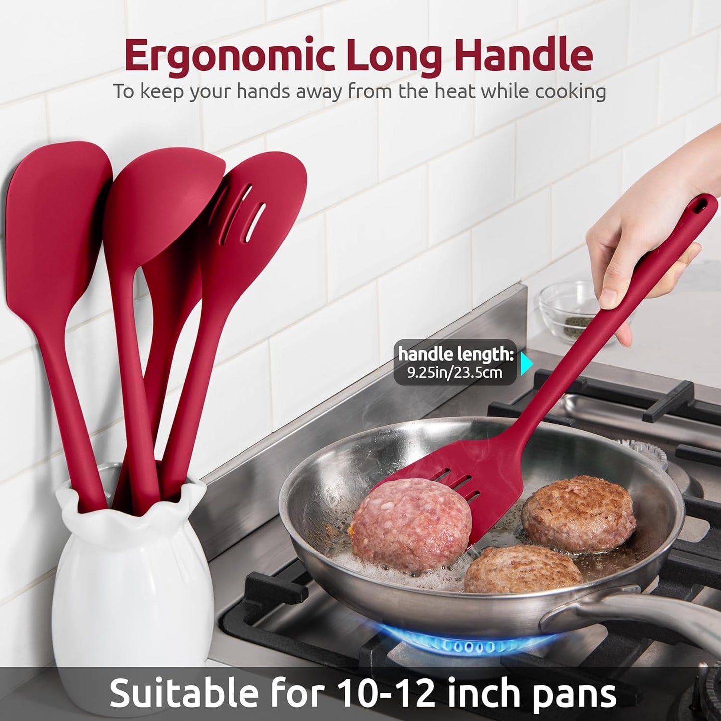 600ºF Heat Resistant Kitchen Utensil: U-Taste 13.6" Extra Long Silicone Cooking Tools Set, Food-Grade Non-Stick Solid and Slotted Turner Spatula, Mixing Spoon, and Soup Ladle (5 Pieces, Aqua Sky)