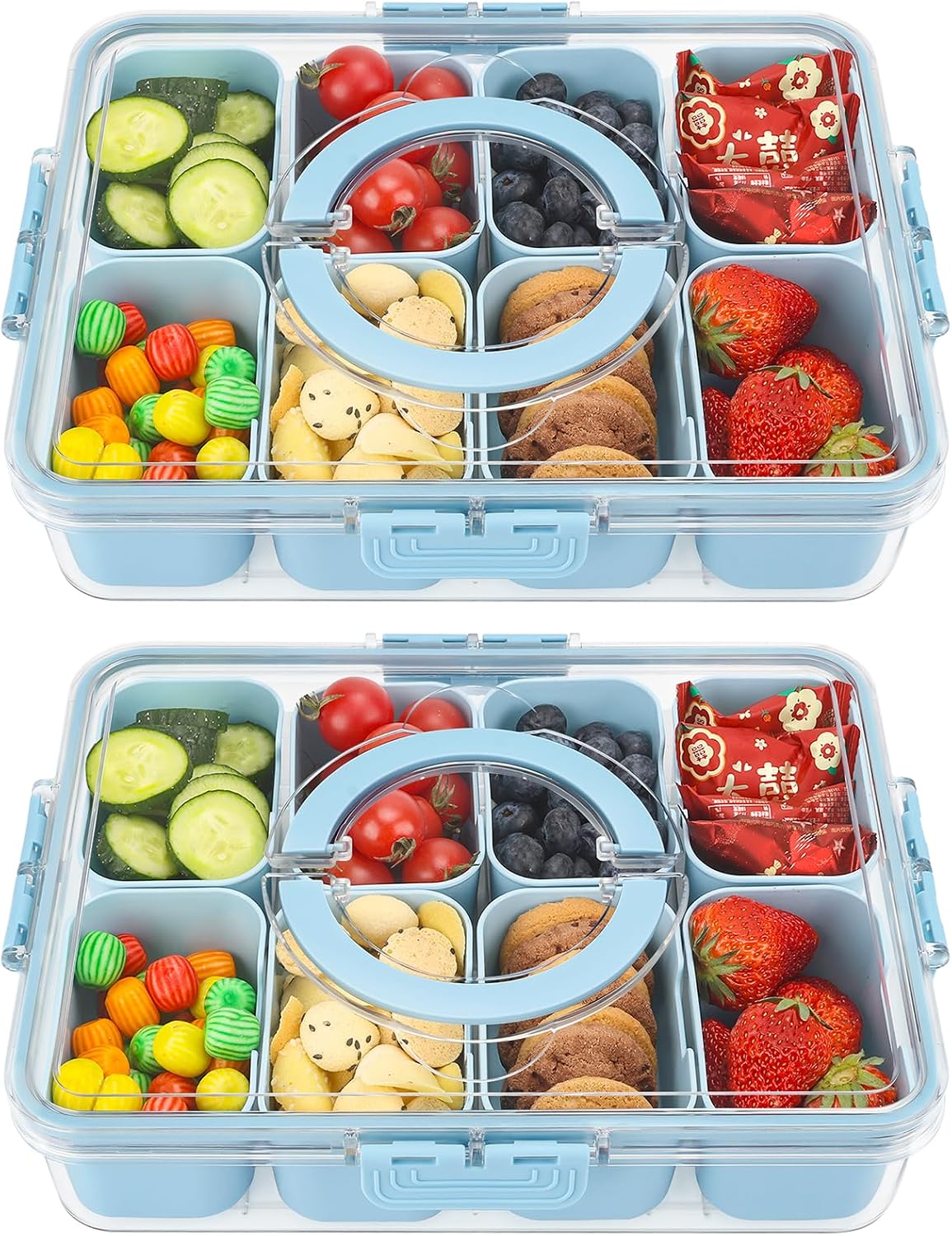 shopwithgreen 2Pcs Divided Serving Tray with Lid and Handle, Portable Snackle Box Snack Containers for Charcuterie, Party, Veggies, Snack, Fruit, Nuts, Candy, Chip, Entertaining, Picnic