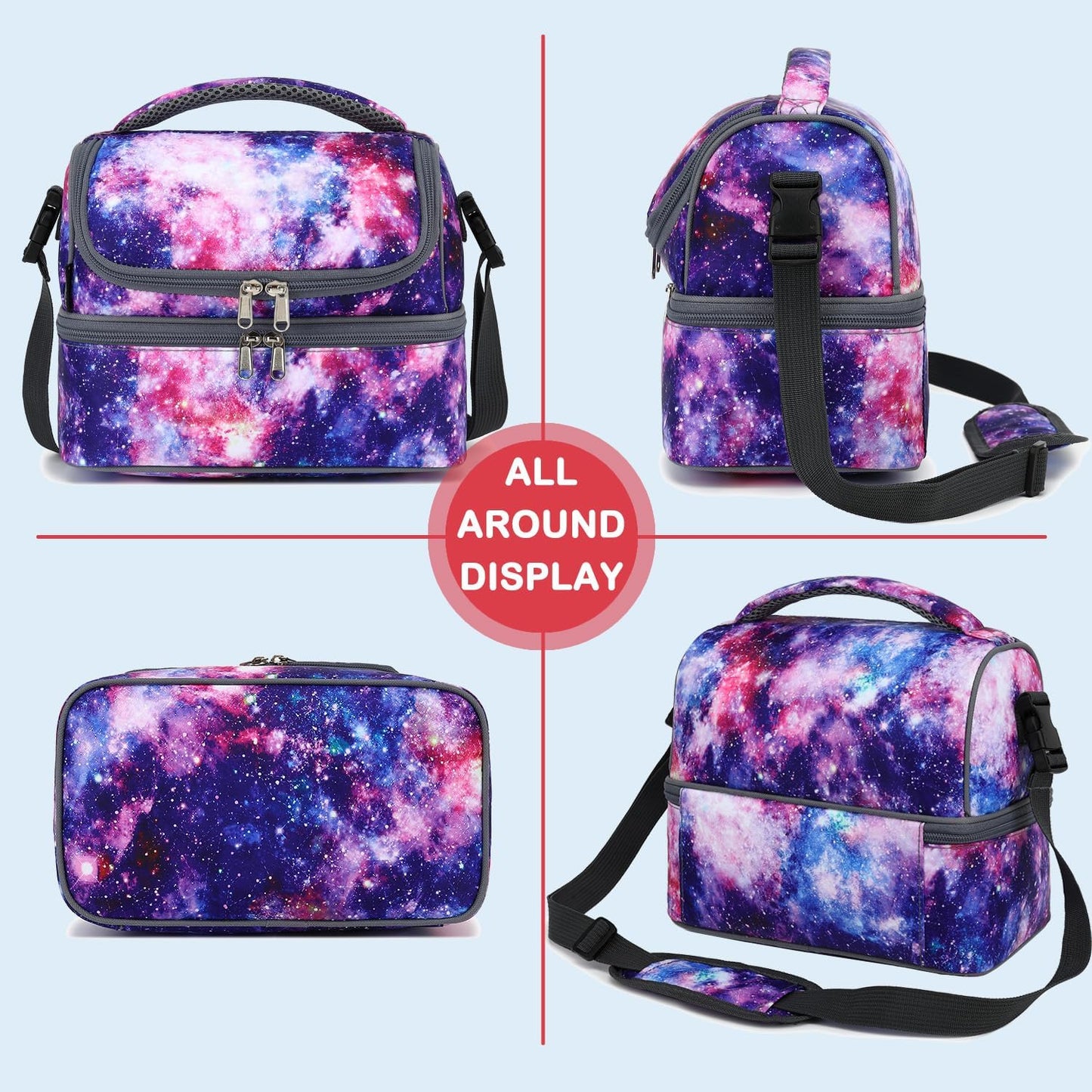 FlowFly Kids Double Decker Cooler Insulated Lunch Bag Large Tote for Boys, Girls, Men, Women, With Adjustable Strap, Unicorn