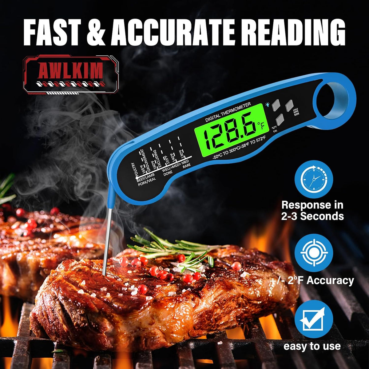 AWLKIM Meat Thermometer Digital, Instant Read Food Thermometer, Red