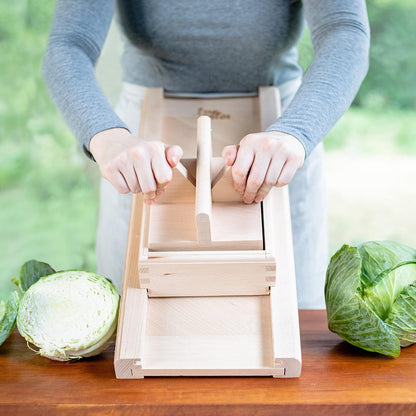 Traditional Wooden Cabbage Shredder Slicer with Hand Guard for Finely Cut Sauerkraut and Coleslaw - Heirloom Quality - Made in Europe - Beech Wood - Stainless Steel Blades