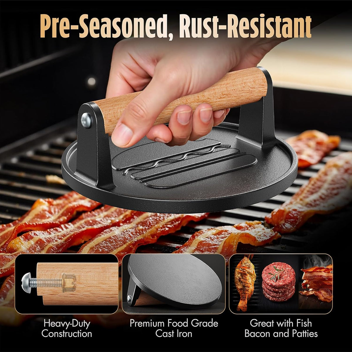 Pisol Smash Burger Press, Cast Iron Steak Weight Meat Patty Press Tool