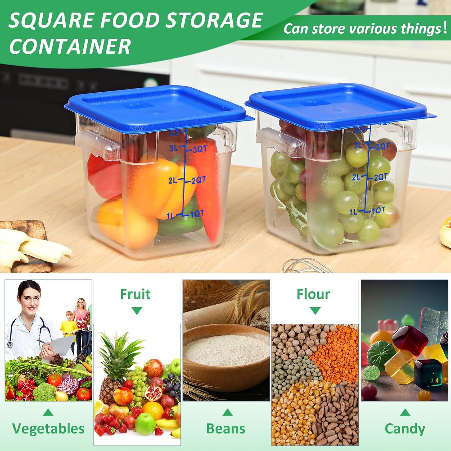 Yungyan 6 Pcs Commercial Clear Food Storage Containers 4 Qt Square Acrylic Airtight Food Storage Containers with Lids for Kitchen Restaurant Pantry Freezer Flour Sugar(Red)
