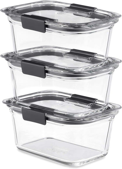 Rubbermaid Brilliance Glass Food Storage set of 4 containers 8 total pieces (4 containers + 4 lids) for Lunch Meal Prep and Leftovers Dishwasher and Oven Safe Clear/Grey