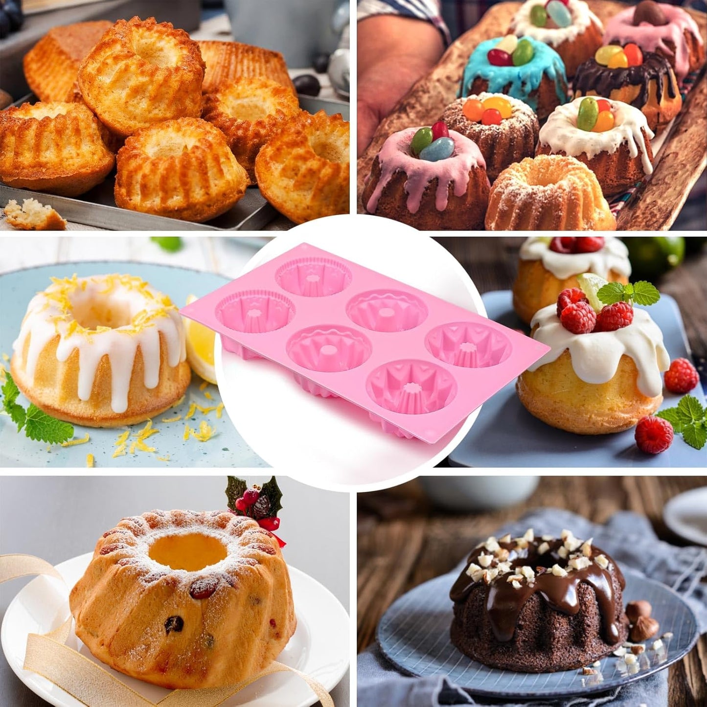 HUAKENER 2 Pcs Mini Fluted Cake Pan, 6-Cavity Fluted Cake Mold, Non-stick Silicone Baking Mold for Cupcakes, Donuts, Cornbread, Brownies, Jellies