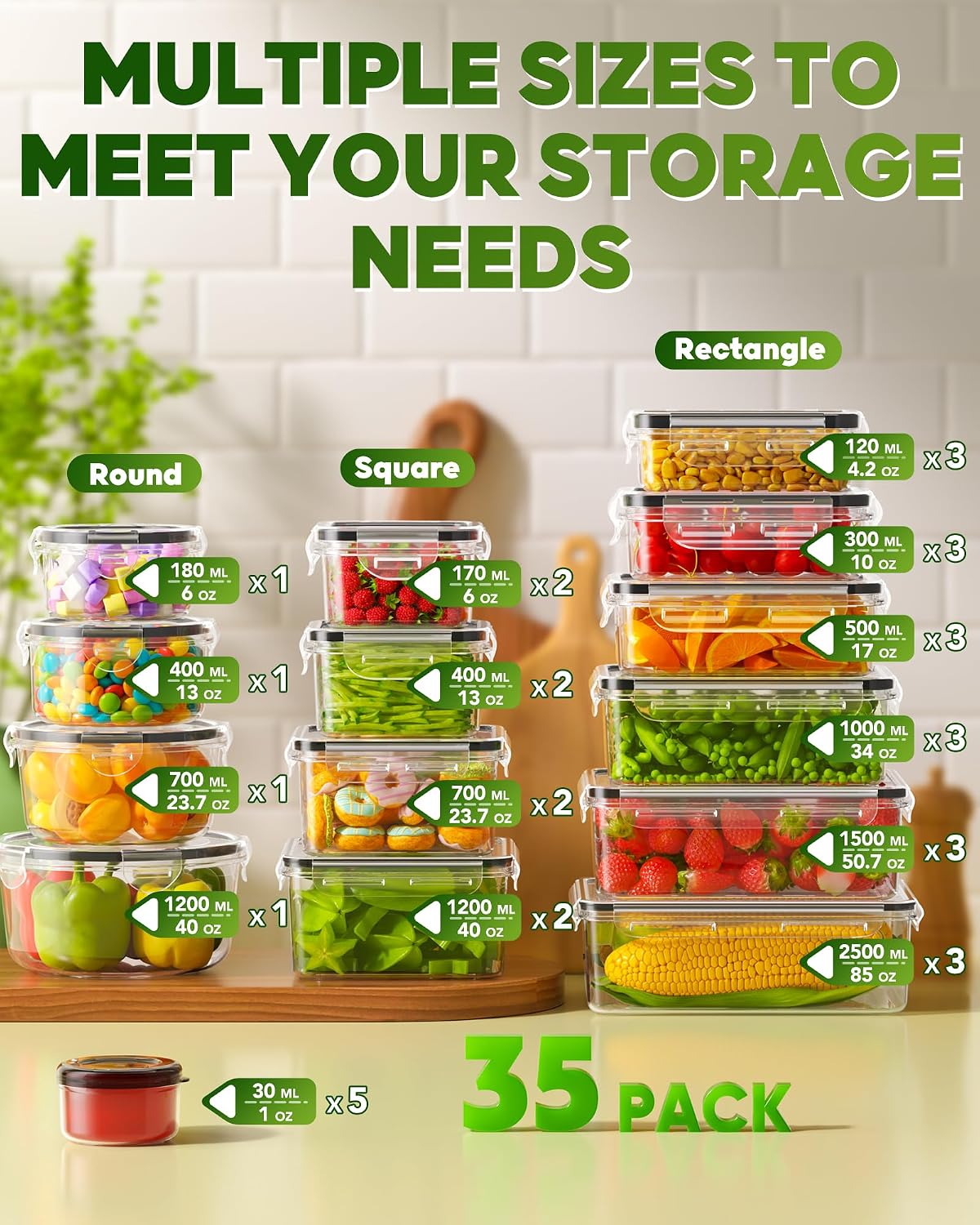 KEMETHY 60 PCS Food Storage Containers with Lids, BPA-Free Plastic Food Containers for Kitchen Storage, Leak Proof, Reusable Meal Prep Containers with Labels & Pen