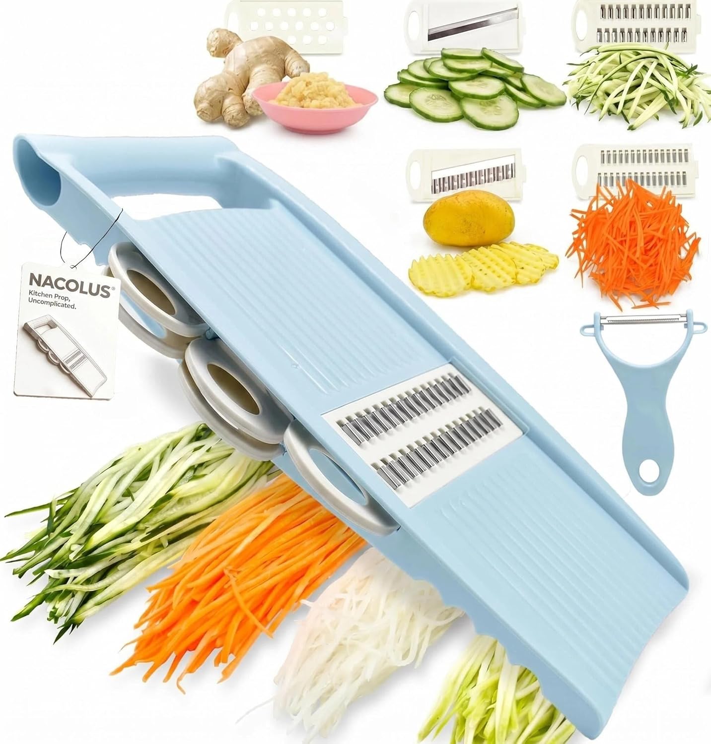 NACOLUS 5 in 1 Mandoline Slicer Vegetable Slicer Mandolin Multi Blade Potato Veggie Slicer Vegetable Cutter Julienne Shredder Potato Slicer Green