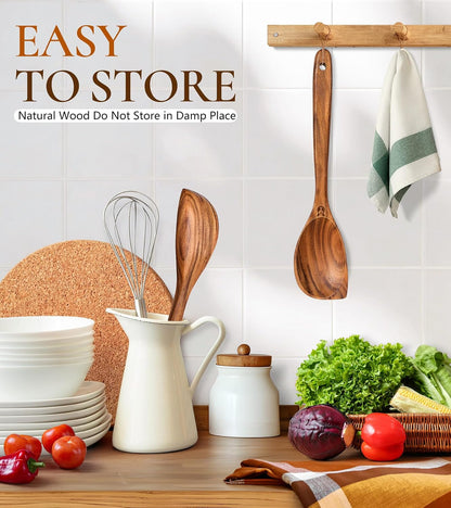 Wooden Spoons for Cooking, Premium Teak Wooden Cooking Utensils for Serving