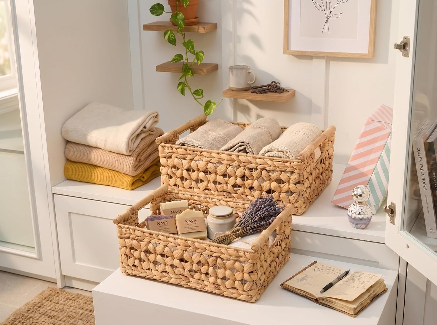 NAYA 11.6" Water Hyacinth Medium Wicker Shelf Basket – Storage Bin | Handwoven water hyacinth shelf basket with sturdy handles for pantry, towels and everyday home organization.