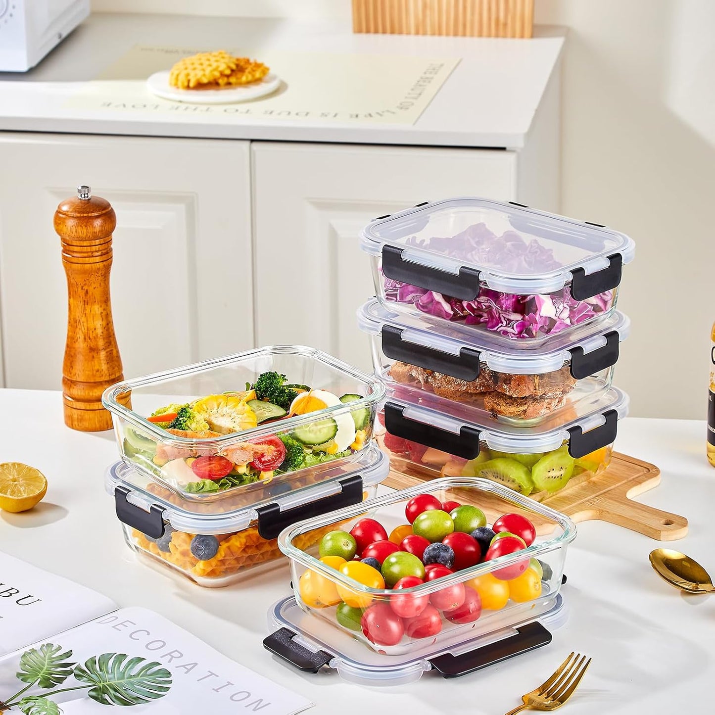 8-Piece 36oz Glass Meal Prep Container Set Clear Glass Food Storage Containers Set, Airtight Food Storage Containers for Coffee, Sugar, Flour, Spices, BPA-Free