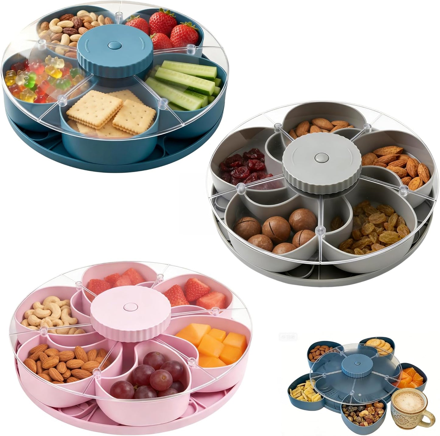 Divided Serving Tray that Spins with Lid, 5-Compartment Rotating Snack Container & Snackle Box, Lazy Susan Veggie Fruit Tray Organizer for Party Appetizers, Travel, Picnic (1PCS Gray)