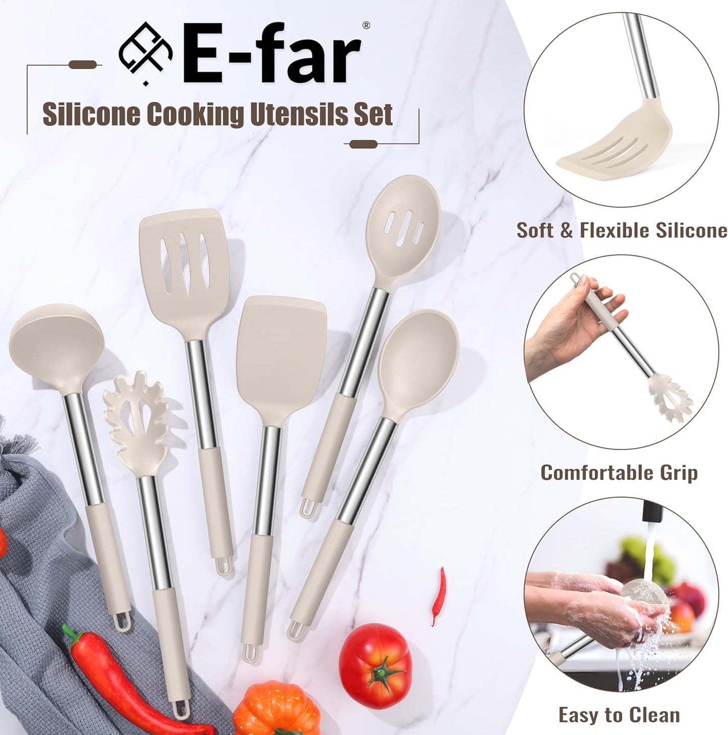 E-far 14 Pieces Silicone Cooking Utensils Set, Kitchen Utensils Set with Holder, Spatula, Ladle, Spoon, Tong, Slotted Turner for Nonstick Cookware, Heat Resistant & Stainless Steel Handle, Black