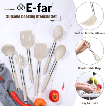 E-far 14 Pieces Silicone Cooking Utensils Set, Kitchen Utensils Set with Holder, Spatula, Ladle, Spoon, Tong, Slotted Turner for Nonstick Cookware, Heat Resistant & Stainless Steel Handle, Black