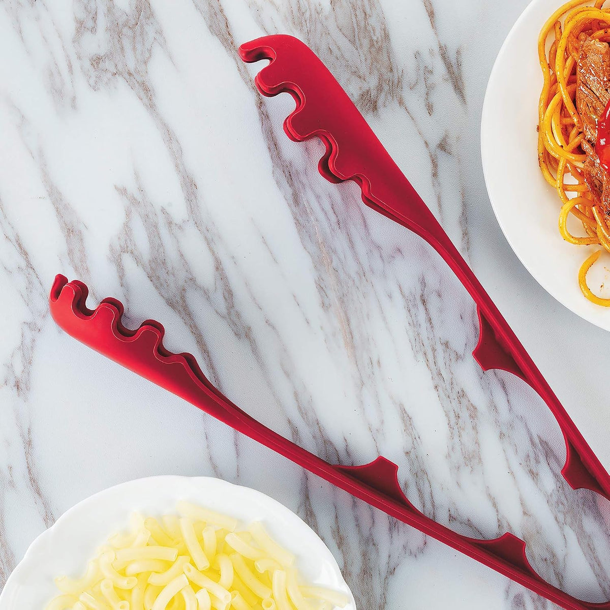 Fox Run 2 in 1 Pasta Measuring Tongs, 12.5", Red