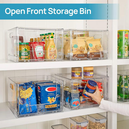 ANUMITRA 2 Pack Large Foldable Open Front Storage Bins with Lids, Stackable Clear Plastic Container Organizer for Pantry, Kitchen, Cabinet, Bathroom, Closet Organizers and Storage
