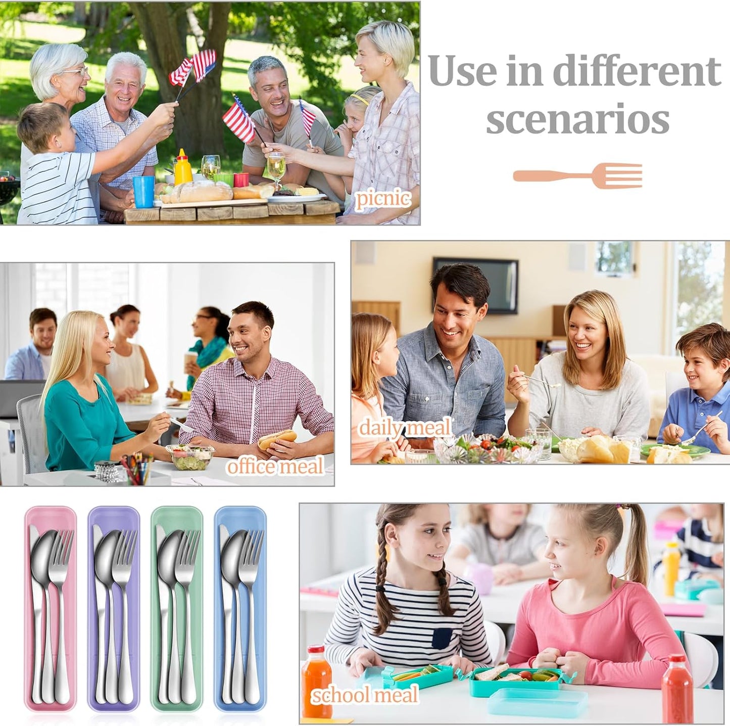 Yinkin 4 Pack Portable Travel Utensils Set with Case Reusable Stainless Steel Silverware Flatware Camping Cutlery Include Fork Spoon Knife for Work School Dishwasher Safe(White, Green, Red, Black)