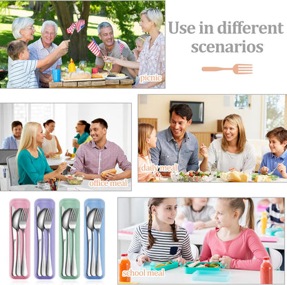 Yinkin 4 Pack Portable Travel Utensils Set with Case Reusable Stainless Steel Silverware Flatware Camping Cutlery Include Fork Spoon Knife for Work School Dishwasher Safe(White, Green, Red, Black)