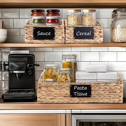 Set of 4 Sizes Hand-Woven Pantry Shelf Baskets, Hyacinth Storage Baskets with Chalkboard Labels & 2 Chalk Markers, Wicker Nestable Basket Set for Organizing Pantry Kitchen Laundry Shelves (Brown)