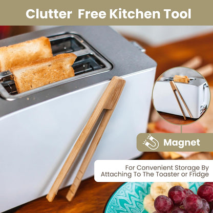 Toaster Tongs With Magnet | Kitchen Utensils For Cooking and Holding Toast Bacon Muffin Bagel Bread | 8 Inch Long Natural Non Toxic Bamboo