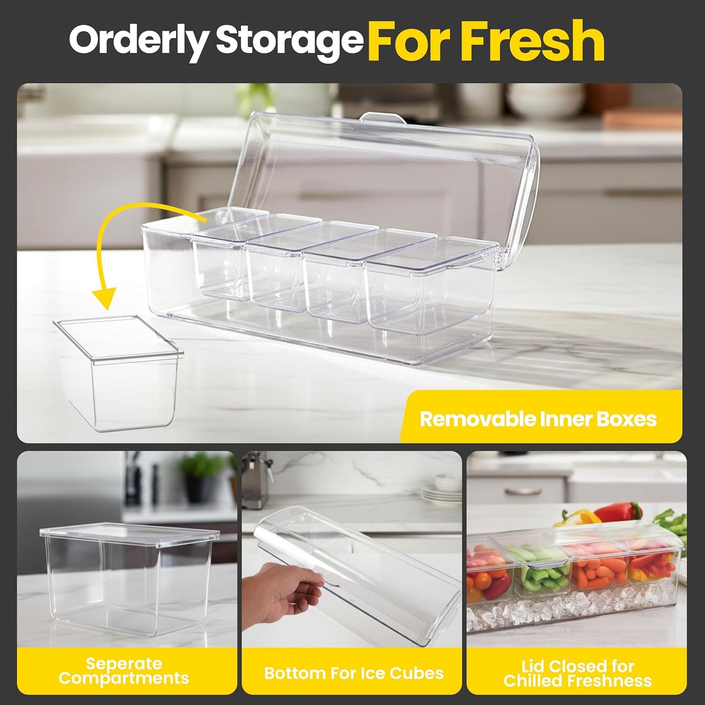 Ice Chilled Condiment Caddy with Lid – 5 Removable Compartments, Utensils Included – Buffet Server for BBQ, Taco Bar & Parties