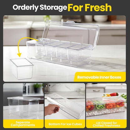 Ice Chilled Condiment Caddy with Lid – 5 Removable Compartments, Utensils Included – Buffet Server for BBQ, Taco Bar & Parties