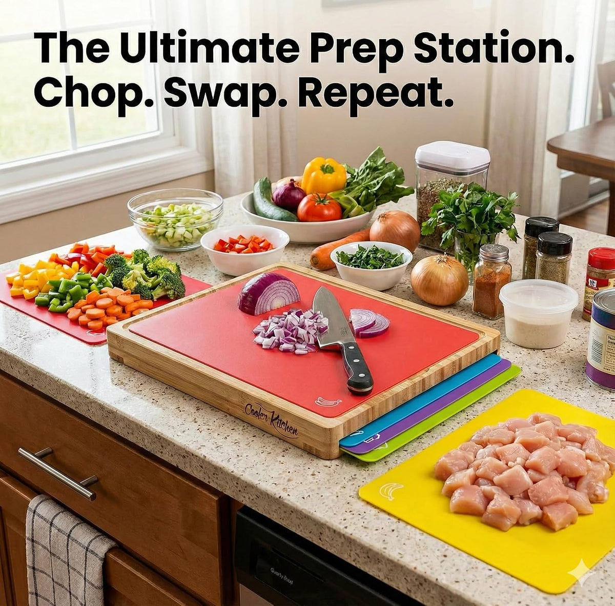 Bamboo Cutting Board Set with 6 Color Coded Flexible Mats Food Icons, BPA-Free Non Slip Easy Clean Cutting Boards for Kitchen with Holder, Dishwasher Safe, Meal Prep & Serving, Large | Cooler Kitchen